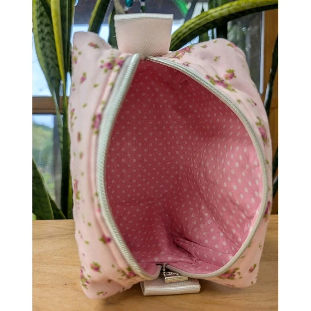 Embroidered MAKEUP Cosmetic Toiletries Pink Rose Floral + Matching Key Fob SET